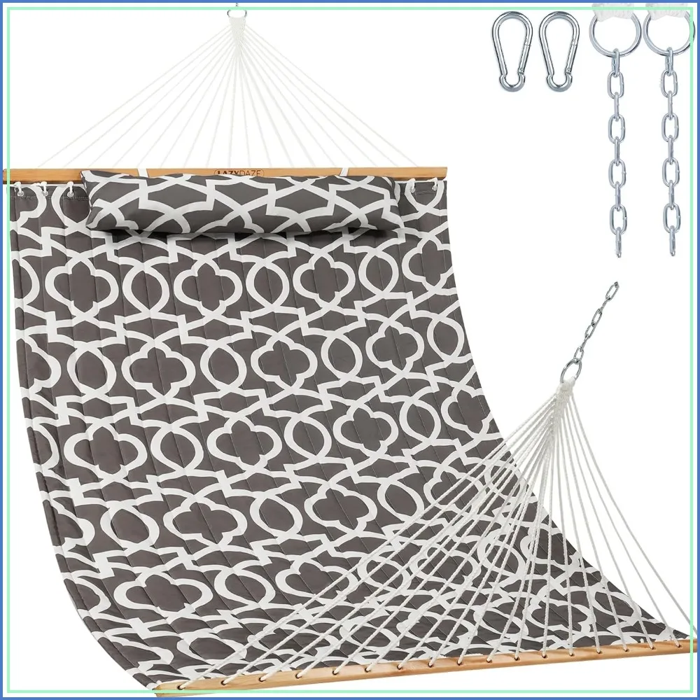 12FT Double Quilted Hammock for Outside with Pillow, Grey Floral | 2 Person Hammock with Hardwood Spreader Bar and Carabiners, 450lbs Capacity
