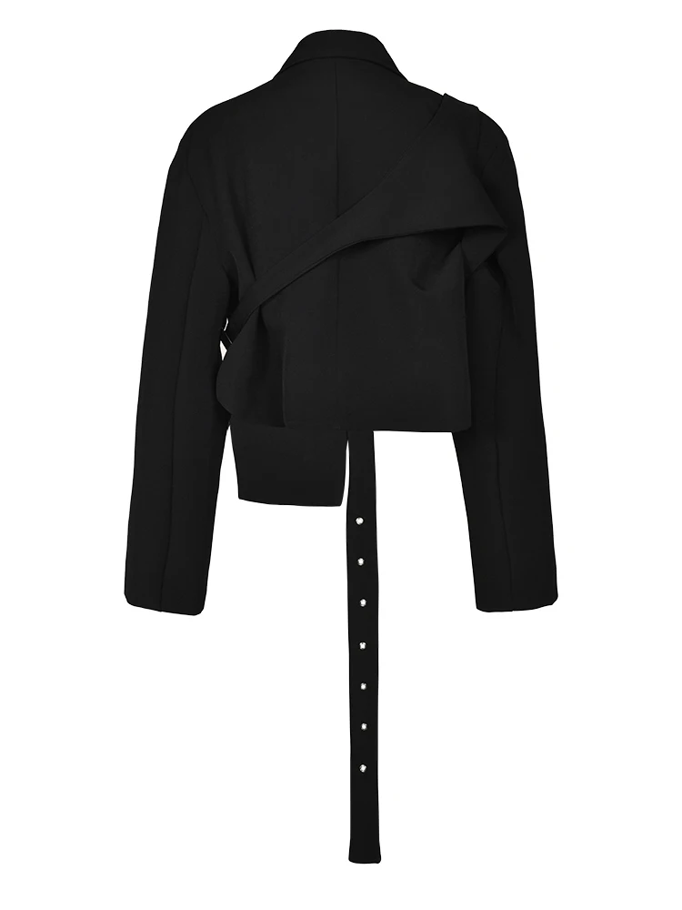 [EAM] Women Black Irreuglar Short Big Size Blazer New Lapel Long Sleeve Loose Fit Jacket Fashion Spring Autumn 2024 1DF033501