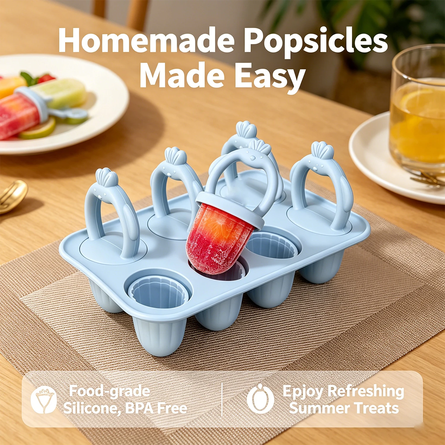6‑Cavity Baby Silicone Popsicle Mold, Easy‑Grip Anti‑Choke Design, Food‑Grade Ice‑Lolly Mould for Baby Food Supplement