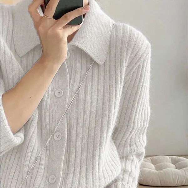 Gentle and Sophisticated Polo Collar Sweater Cardigan Women Short Vertical Stripe Slimming Knit Sweater Draped Over Shoulder