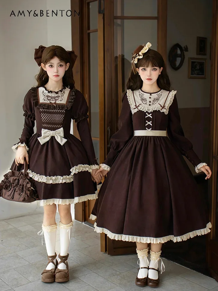 

British Retro Cla Flower Embroidered Lolita Dresses Autumn Winter New Ruffle Edge Round Neck Long Sleeve Slim Tutu Dress Women