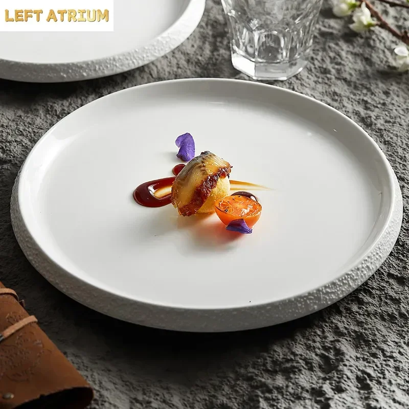 White Porcelain Featured Hotel Tableware Stone Pattern Edge Creative Household Ceramics Artistic Cuisine Steak Western Plate
