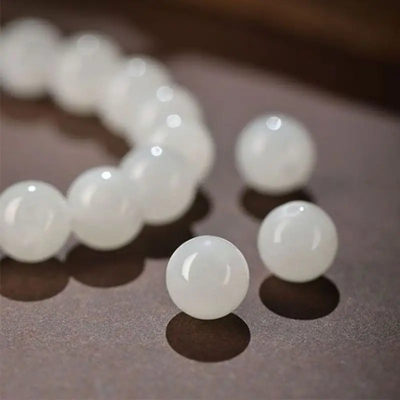 Natural Hetian White Men And Women, Round Bead Jade Bracelet Good Luck