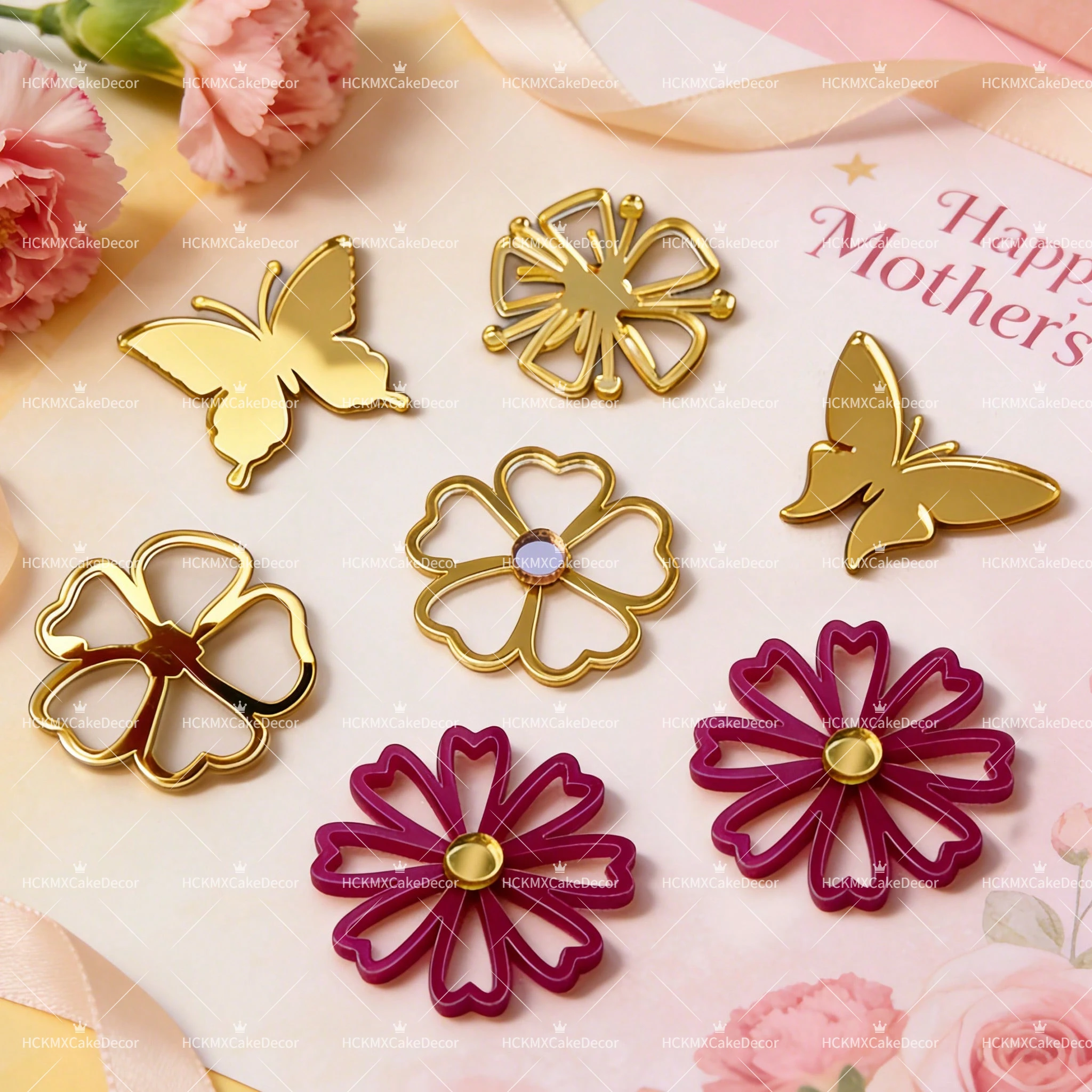 1 Set/3 Sets Goldene Acryl-Schmetterling-Blumen-Kuchendekoration für Muttertag, Geburtstag, Hochzeit, Party, Backzubehör