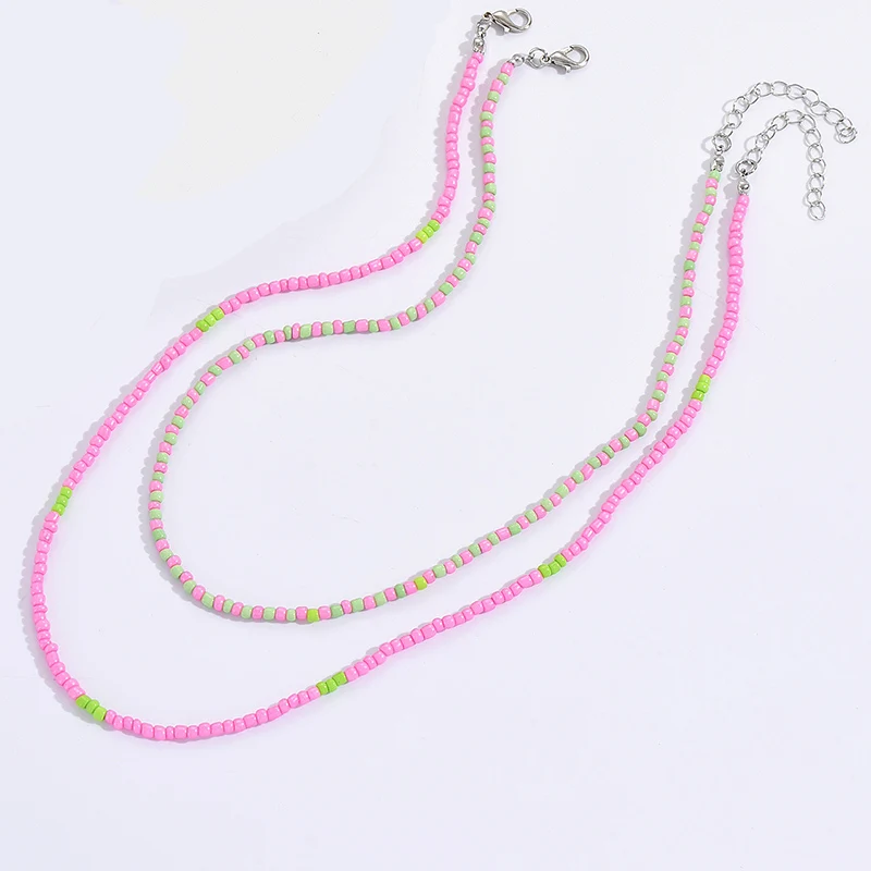 2pcs/set New Bohemian Vintage Pink Green Beads Chain Fashion Necklaces Jewelry For Women Elegant Accessories X0150