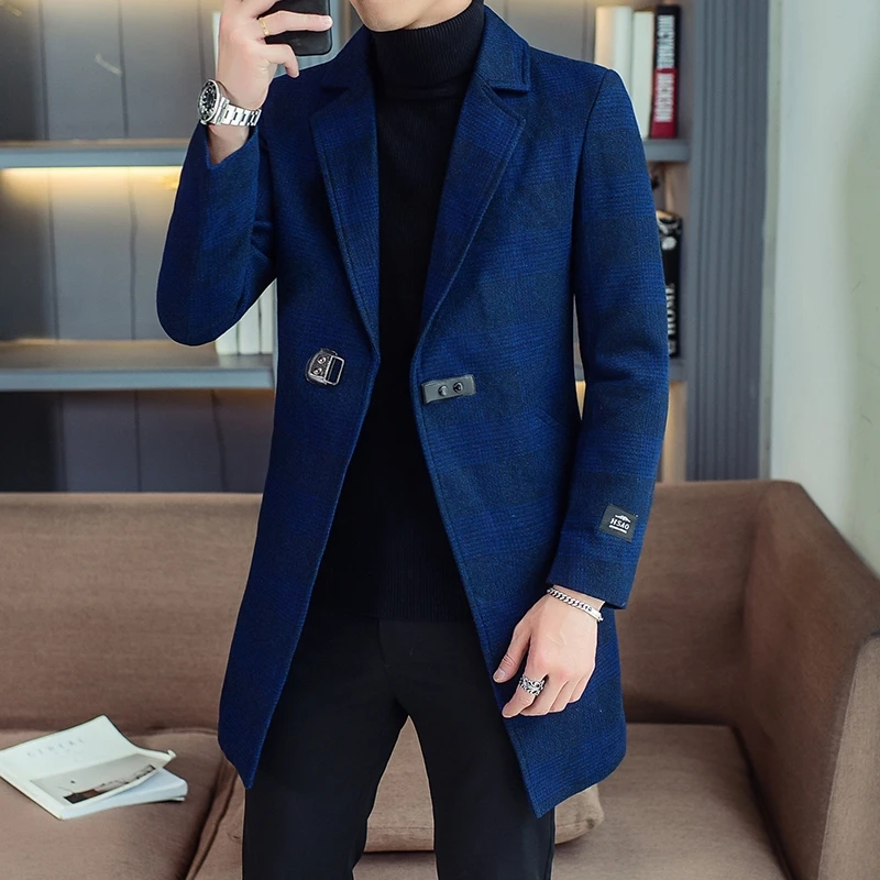 Business Casual Men\'s Mid-Length Plaid Overcoat Spring Autumn Woolen Coats Outwear Checkered Windbreaker Slim Fit Trench Jackets