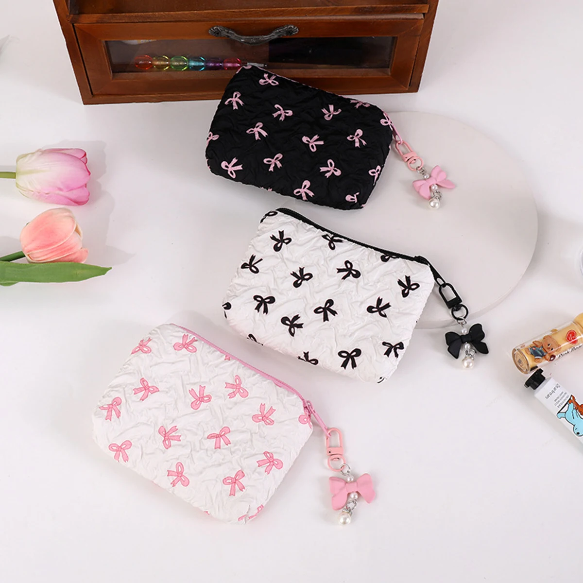 Pleated Bow Cosmetic Bag | Cotton Makeup Bag for Women Quilted Travel Girls' Make Up Organizer Portable Little Bow Makeup Pouch - view 3