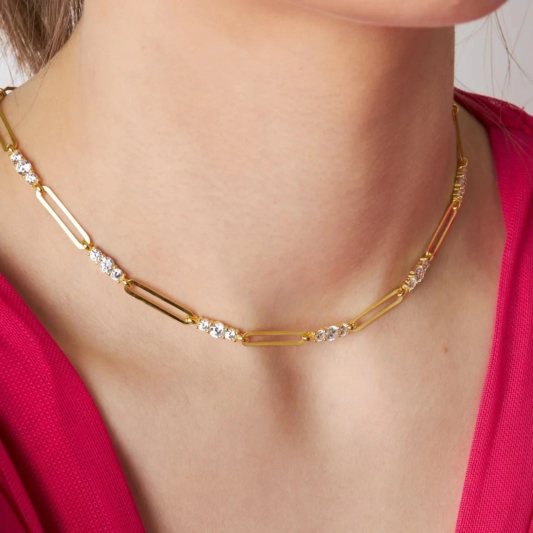 Gold Plated 5A Cubic Zirconia CZ Bar Open Paper Clip Chain Geometric Fashion Women Choker Necklace