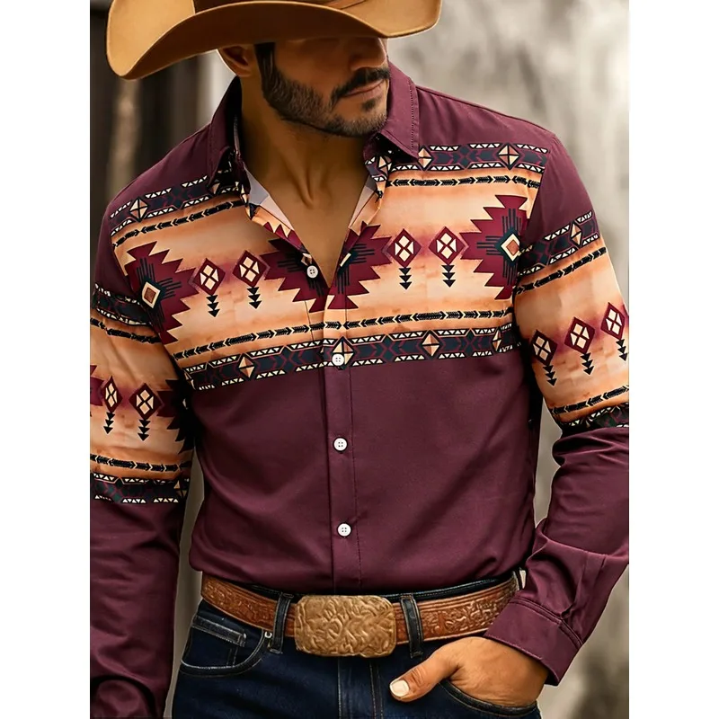2026 New Men Southwest Aztec Tribal Geometric Print Long Sleeve Shirt White Blue Splicing Lapel Button Up Vintage Western Cowboy