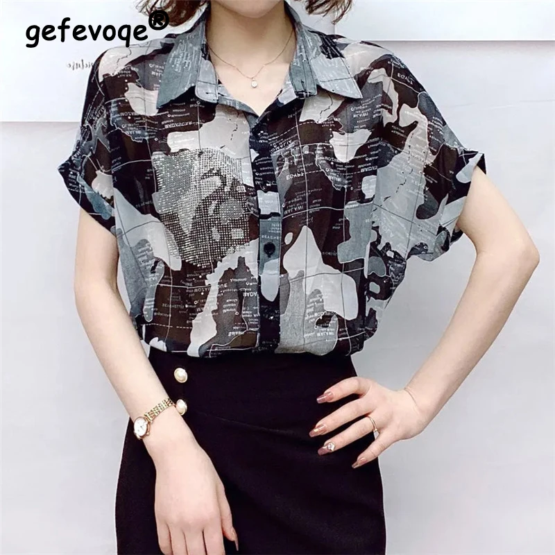 

Retro Rhinestone Leopard Print Fashion Loose Street Shirts for Women Summer Casual Lapel Short Sleeve Top Blouse Blusas Clothes