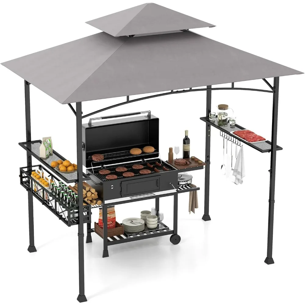 

8 x 5 FT BBQ Grill Gazebo with 2 Side Shelves, Storage Basket, Hanging Hooks, Bottle Opener, Double-Tiered Top, Metal Frame, Ou