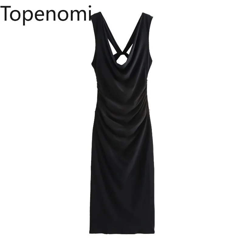 Topenomi Temperament Backless Party Dress Women Autumn New Sexy Sleeveless V Neck Waist Folds Slim Evening Long Dresses Robe