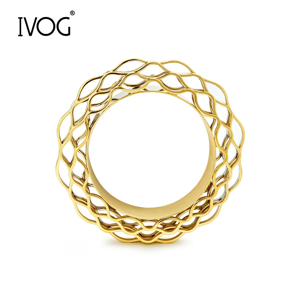 IVOG Gold Color Hollow Wave Stainless Steel Bangle Wide Statement Bracelet for Women Trendy Jewelry Daily Party Wear Gift