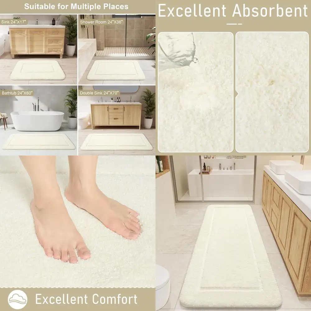 

24x70 Plush Non-Slip Bath Runner, Soft Absorbent Shower Rug, Cream White Luxury Mat