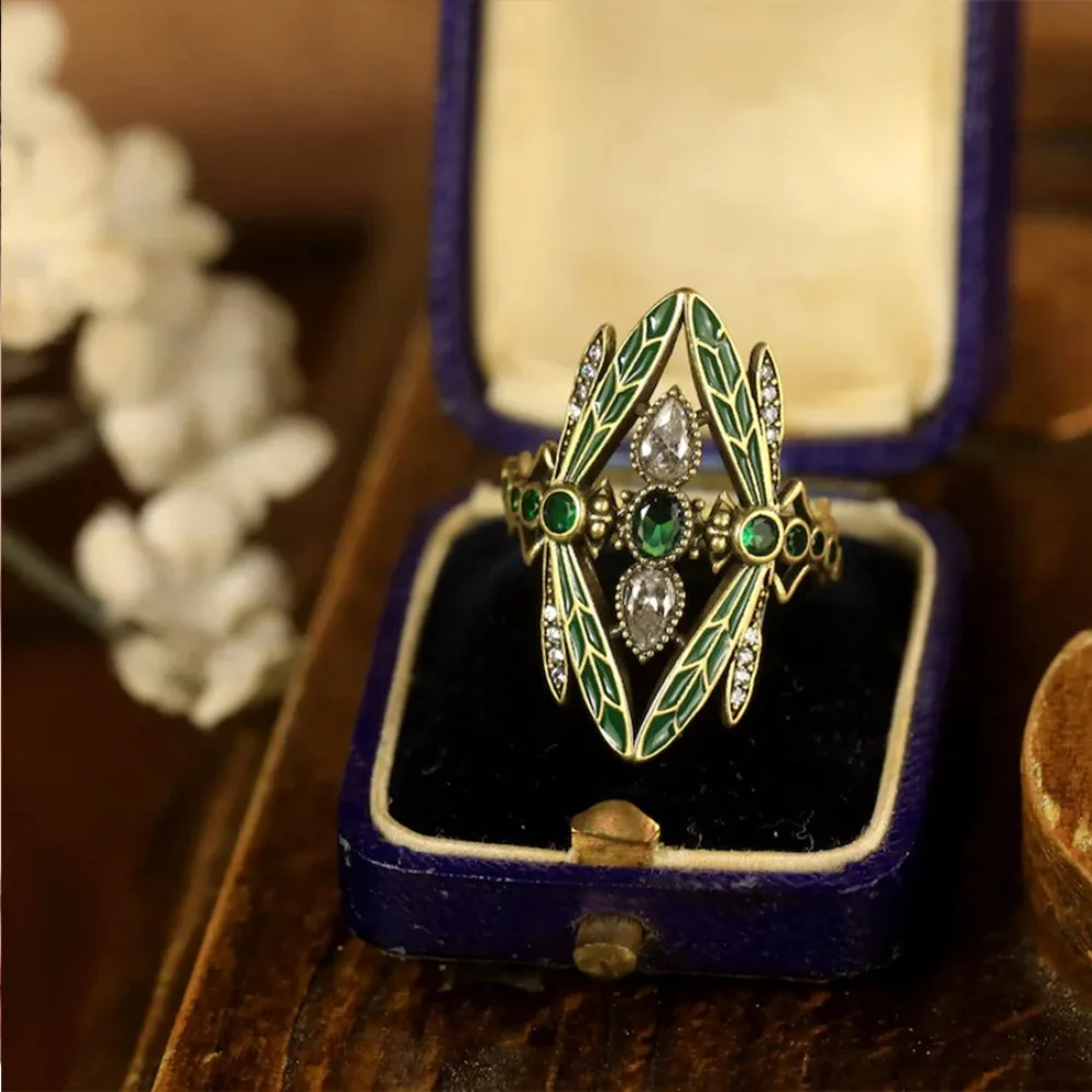 Retro Bohemia Green Glazed Crystal Dragonfly Wide Opening Adjustable Rings for Women Exquisite Luxury Jewelry Accessories Gifts view 4