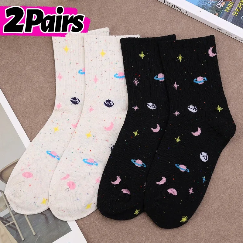 Funny Moon Stars Socks Girls Korean Harajuku Planet Space Pattern Tube Long Socks Women Kawaii Sweet Casual Streetwear Sock