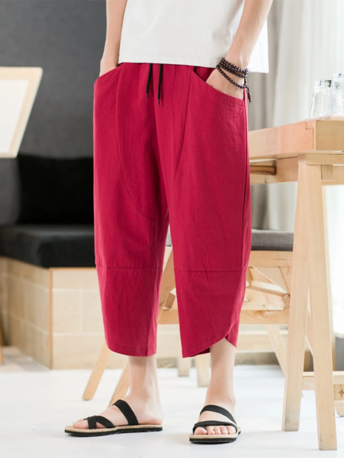 

Льняные широкие брюки в стиле Харадзюку для мужчин, летние повседневные свободные брюки из хлопка и льна, брюки-семьфуты для молодежи, активного отдыха