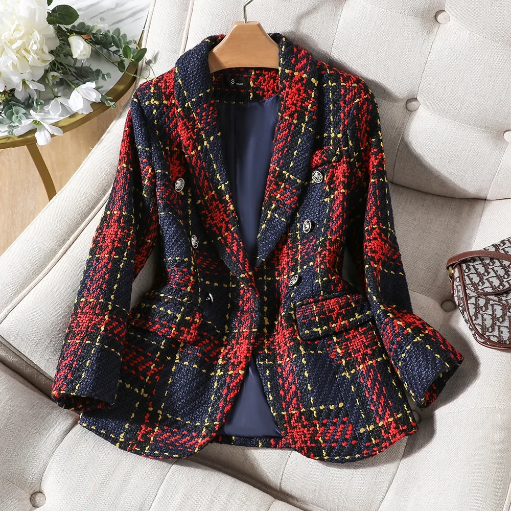 

High Quality Thick Winter Blazer Women Fashion Ladies Red Blue Plaid Coat Female Slim Casual Single Breasted Jacket Blazer Women