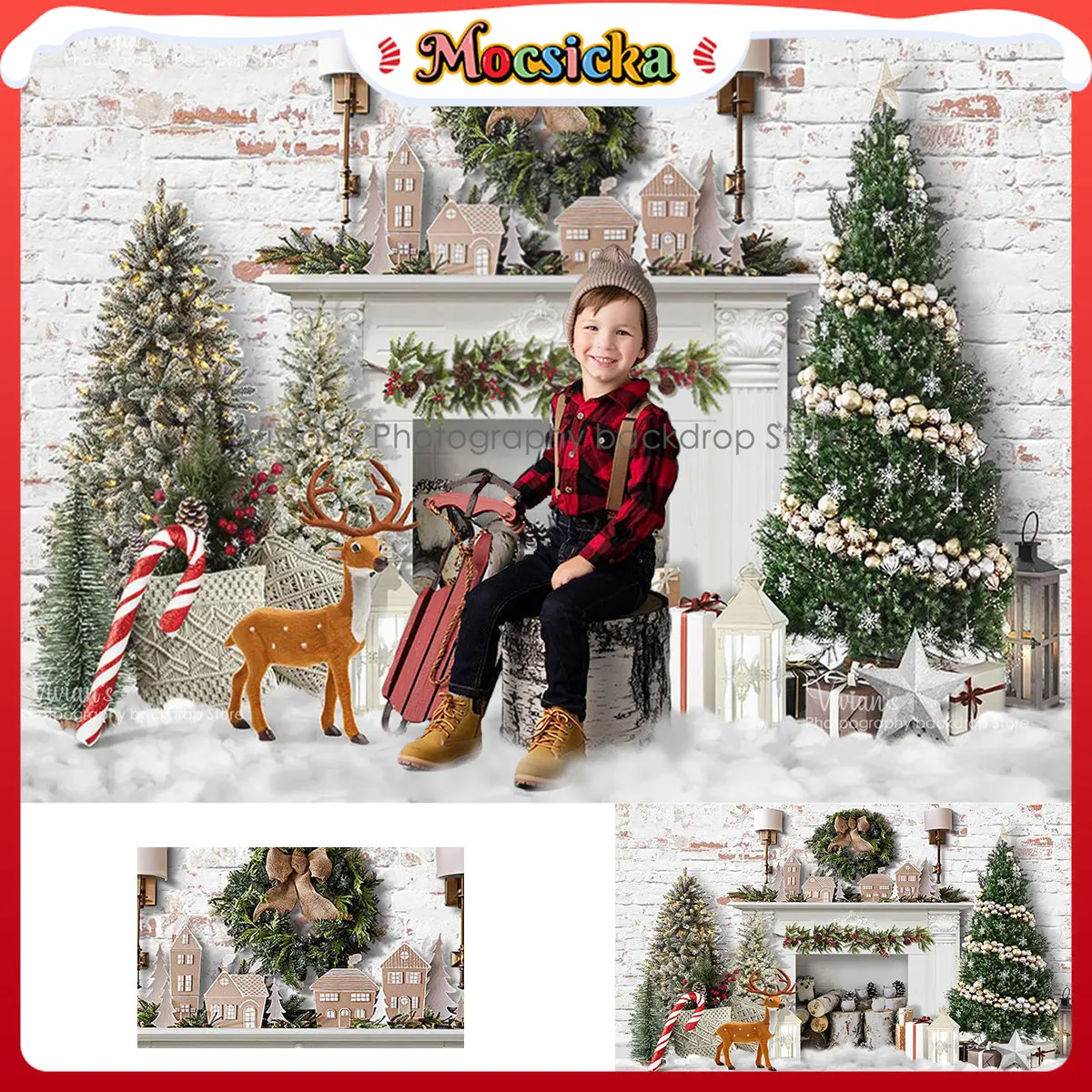 Giáng Sinh Phông Nền Trẻ Sinh Nhật Đạo Cụ Trẻ Em Mùa Đông Phông Nền Chụp Ảnh Santa Lò Sưởi Cây Trang Trí Cho Bé Photostudio