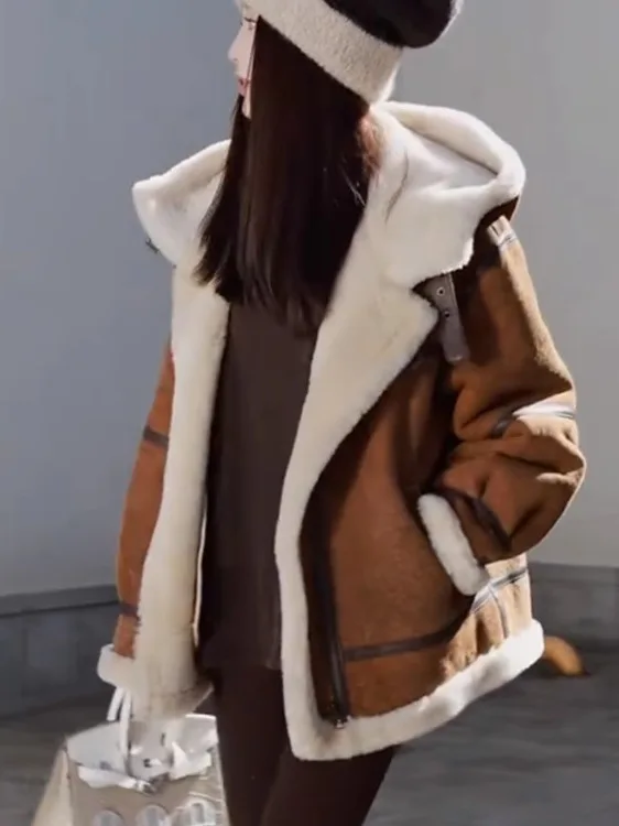 

Korean Sle Hooded Fur Jaet Women's Coffee Color Motorcycle Coat Winter Faionable Long Sve Zipper Closure Slimming