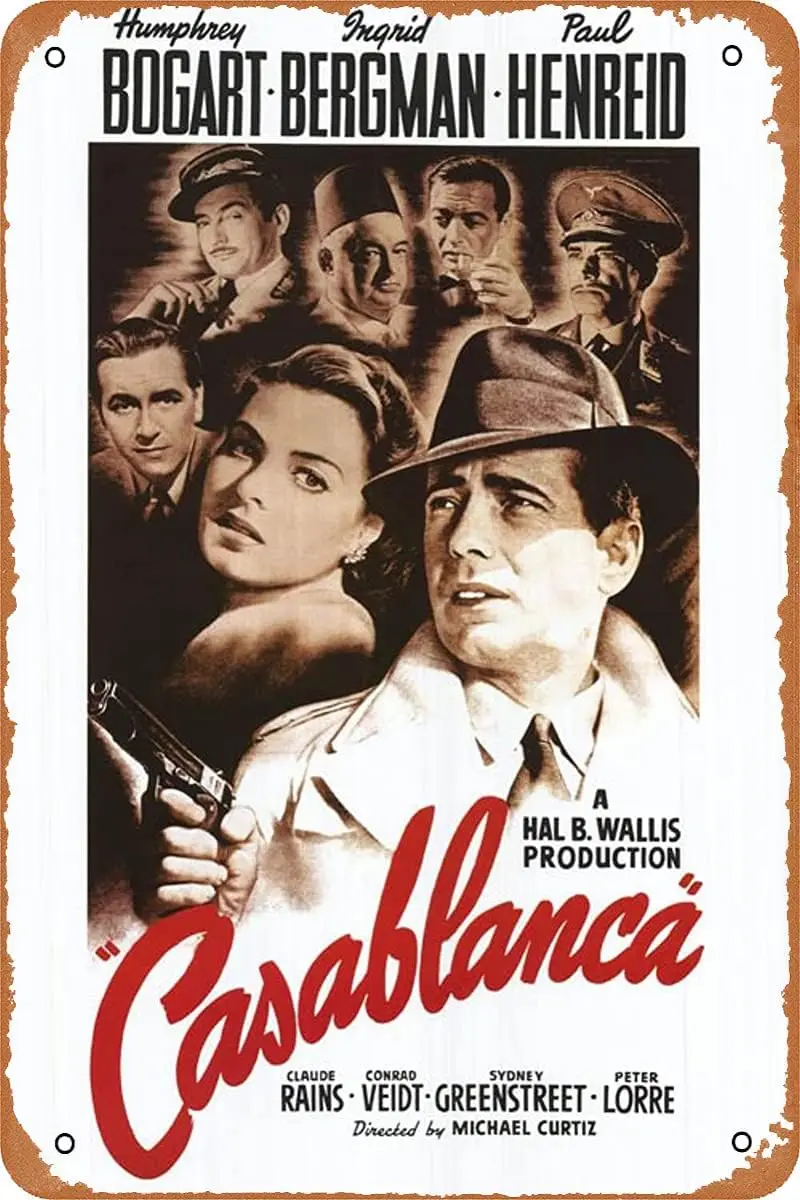 Casablanca (1942), cartel de película clásica, letrero de Metal, letrero de estaño Vintage, decoración artística de pared para el hogar, 8x12 pulgadas