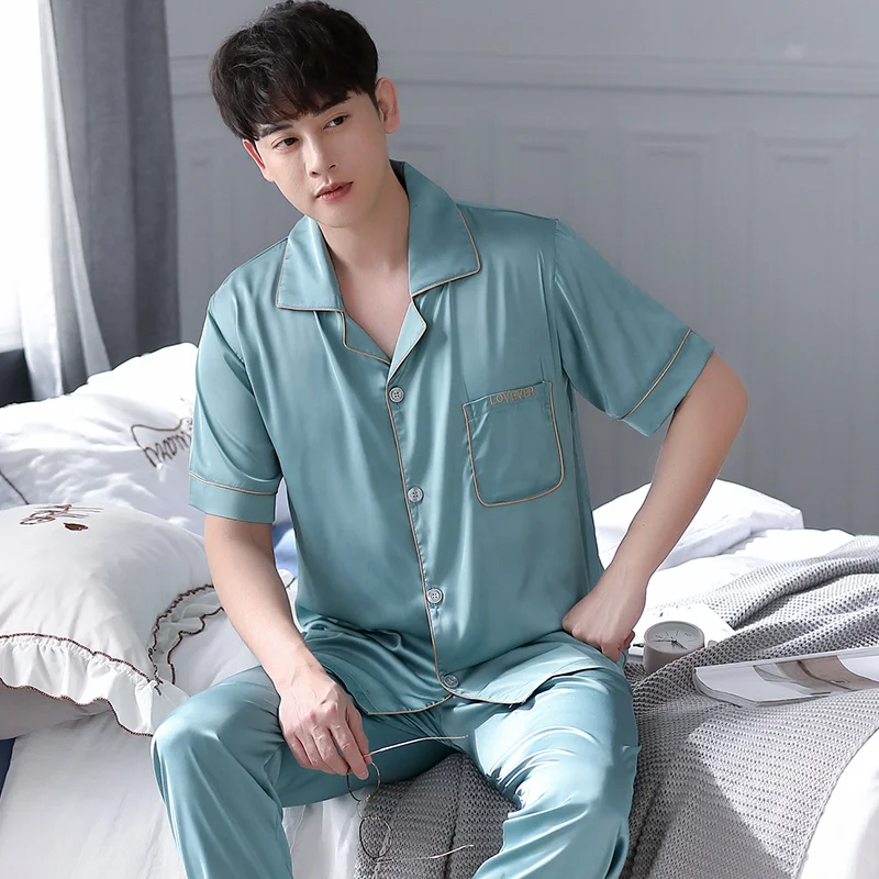 Men Silk Pajama Sets Satin Pyjama Sleepwear Letter Short Sleeve Large Size Fashion Cardigan Pajamas For Male Nightwear Suit Home