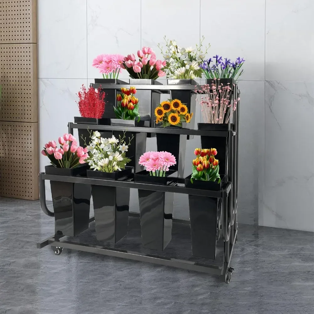 Flower stand with 12 buckets, 3 tier plant cart for heavy duty mobile flower stand, perfect for florists, home and office