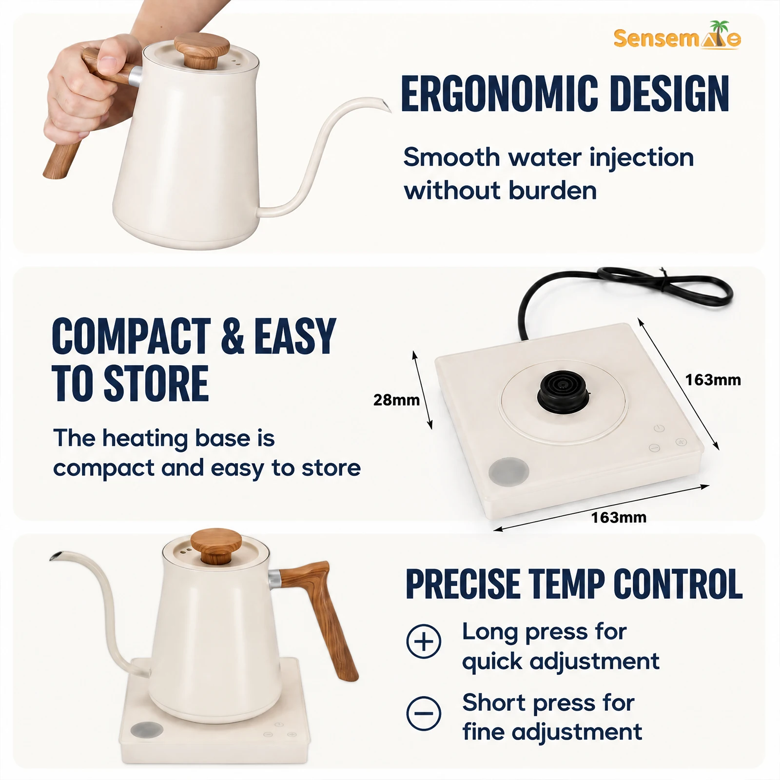 Electric Gooseneck Kettle 600ml Temperature Control Long Spout Stainless Steel Fast Boil White Electric Coffee Kettle 220V