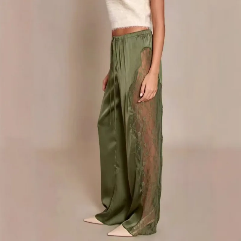 

Streetwear Y2K Sexy Satin Lace Patchwork Loose Floor-length Pants Women Baggy Pants Straight-leg Trousers Elastic High-waisted