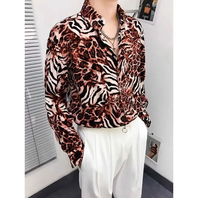 Spring Autumn New Fashion Pure Cotton Turn-down Collar Long Sleeve Leopard Blouse Men's Clothing Trend Simplicity Button Shirts