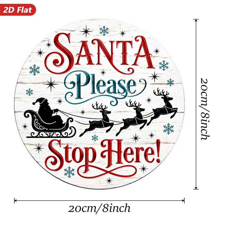 2D Flat, 1pc Santa Stop Here Round Metal Sign Wall Art, Flying Reindeer Silhouettes, Snowflakes And Stars, Rustic Home Decor, Id