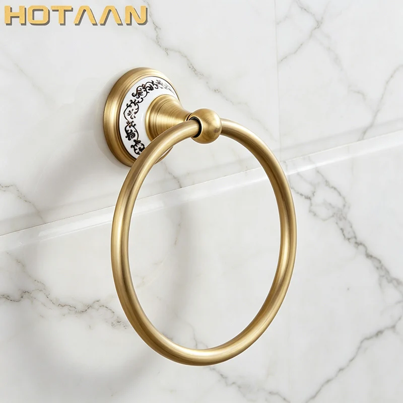 ., Bathroom towel holder, solid brass Wall-Mounted Round  antique brass Towel Ring with ceramic,Towel Rack,YT-11591