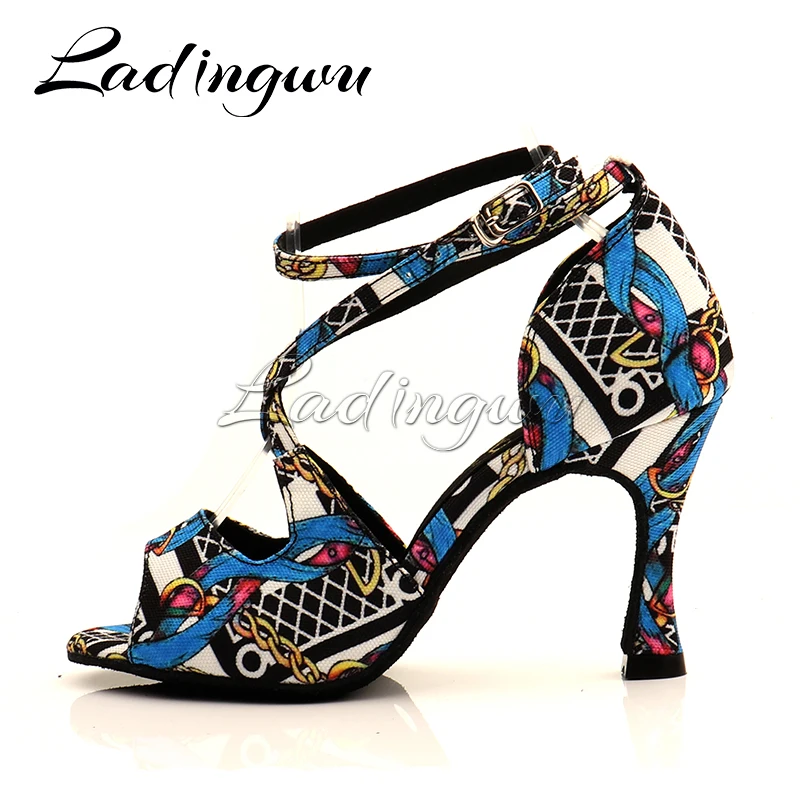 Ladingwu Salsa Jazz Ballroom Latin Dance Black Shoes For Dancing Women Social Strip High Heels Featured Graffiti Denim Sandals