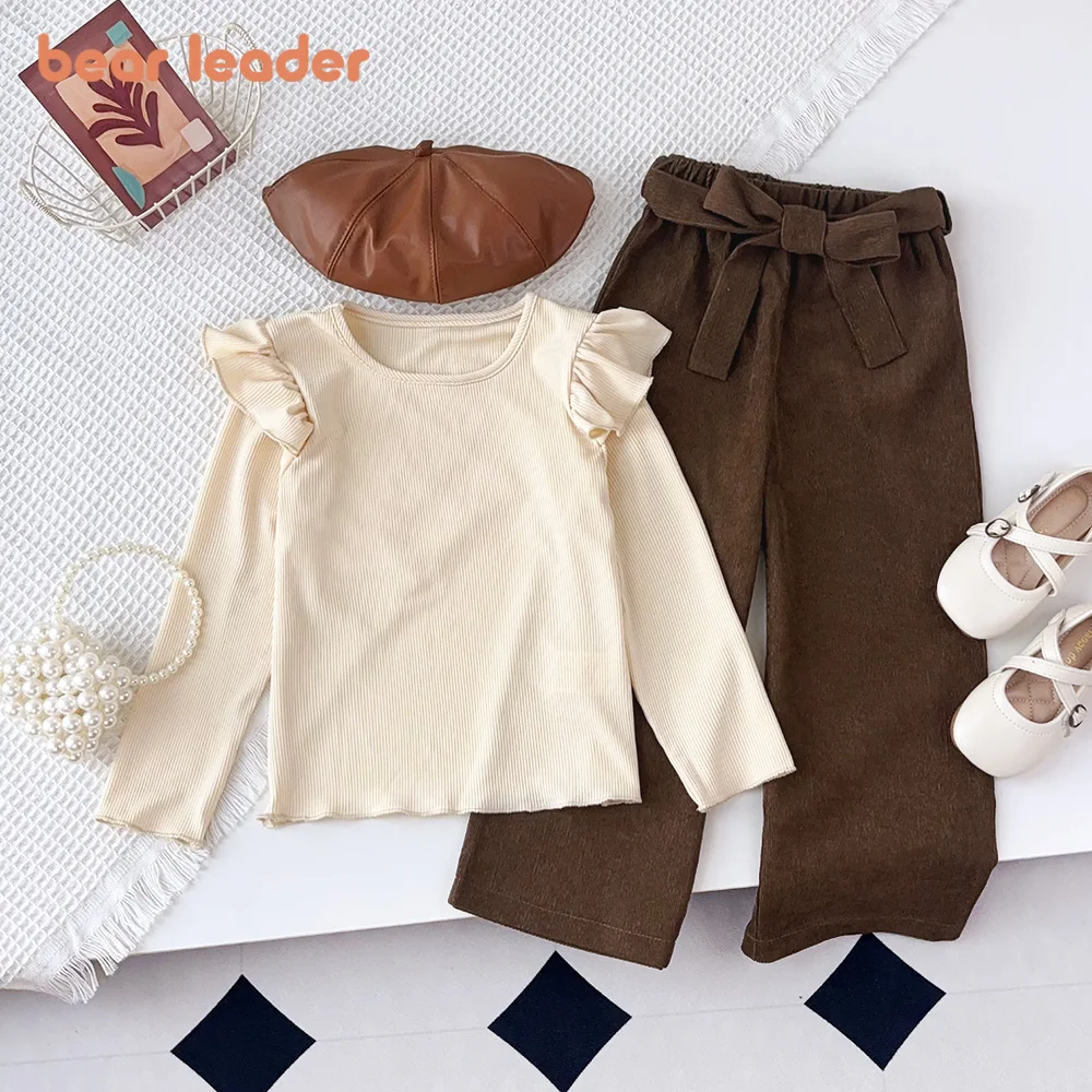 Bear Leader 3-7 Year Old Children's Sets Long Sleeved Mushroom Edge Top+Brown Long Pants Two-piece Set Autumn New Girl Clothes