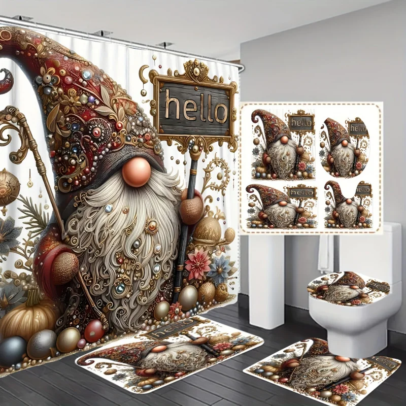 4pcs Retro Luxury Pearl Gnome Pattern Bathroom Set, Shower Curtain, Machine Washable, Shower Curtain With Non-slip Bath Mat,