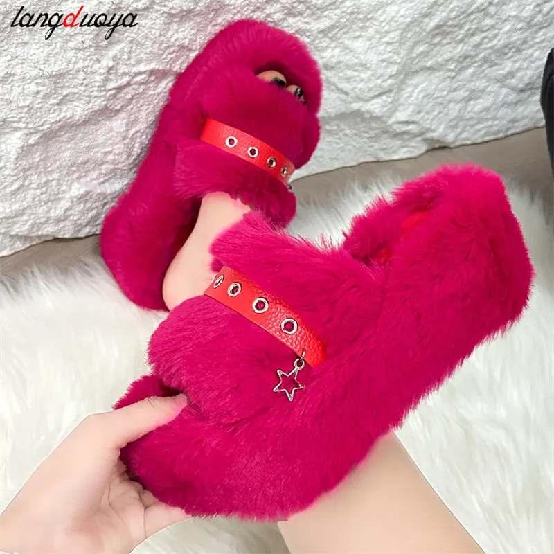 Trendy new dragon fruit colored plush slippers Women Winter Chunky Platform Fur Slippers Girls Cute star Furry indoor Slippers