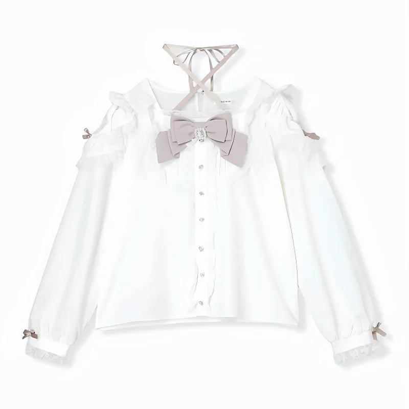 

Autumn Winter New Japanese Sweet Cute Lolita Long Sleeve Shirt Lace Patchwork Off Shoulder Heart Bow Blouse for Women