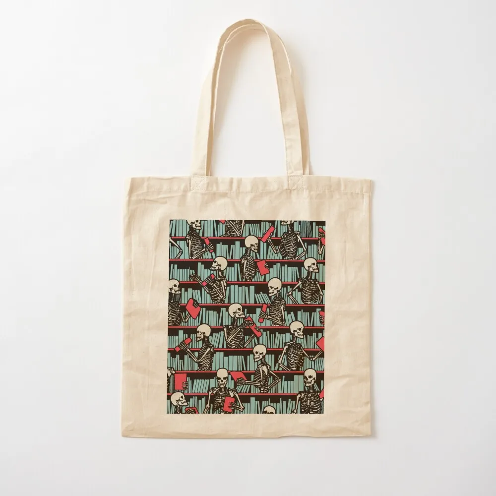 Bookish Public Library Skeleton Goth Librarian Books Pattern Tote Bag foldable reusable bag Women's handbag