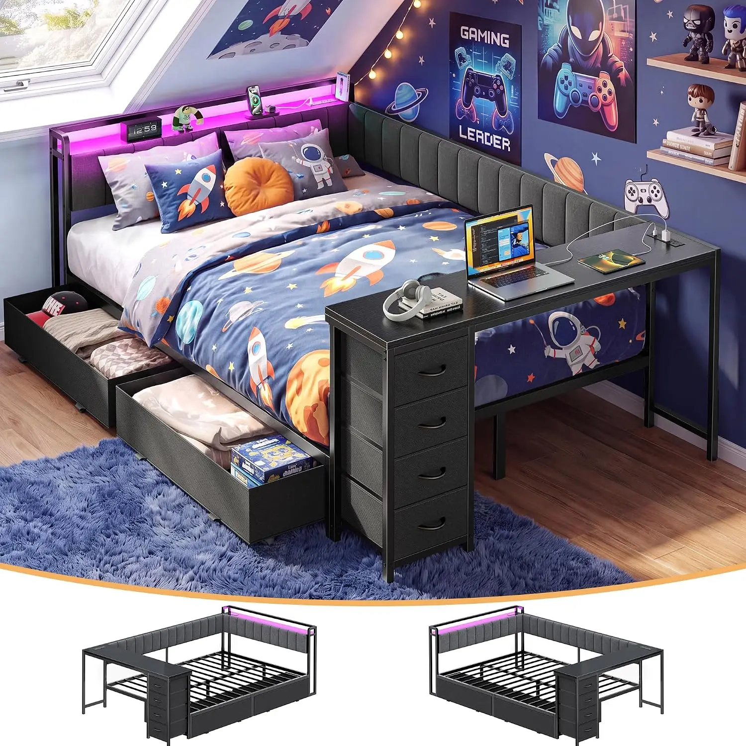 Full Corner Bed Frame with Desk, LED Light, 2 Charging Stations, Customized