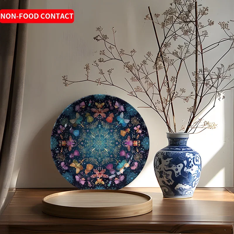 Vintage Butterfly Round Ceramic Decorative Plate - Black Background Art Ornament, Non-Food Contact, Ideal for Home, Living