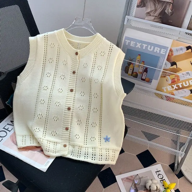 Chaleco de punto con huecos de flores pequeñas, bordado que combina con todo, estilo de otoño para mujer, nuevo chaleco suelto en capas, Top de cuello redondo