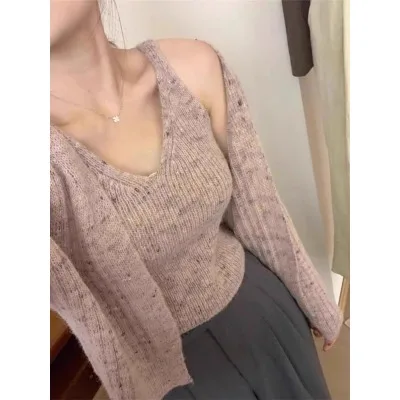 

Корейский вязаный кардиган в стиле ретро с жилетом на бретелях, женский облегающий комплект из двух предметов Sweet Sle, длинный рукав из полиэфирного волокна...