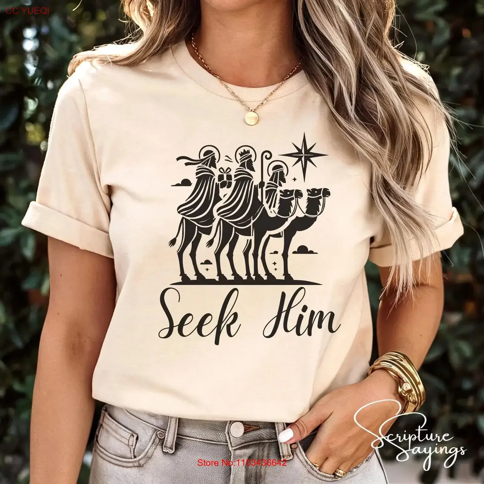 Футболка Seek Him Christmas Christian LDS Three Wise Men and Star Design Faith Based Black White Natural Navy Dark Grey Heather