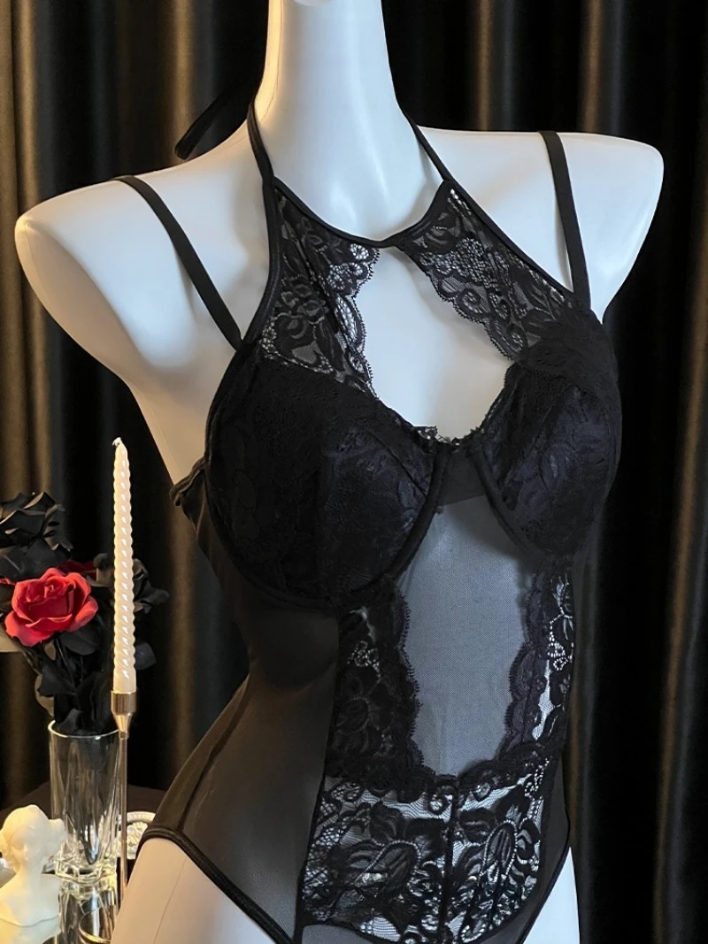 بدلة رسن شبكية مثيرة من الدانتيل للنساء، بدلة قفز مع وسادات صدر، يمكن ارتداؤها كملابس خارجية مشد، نمط الرغبة النقية للفتيات الساخنة