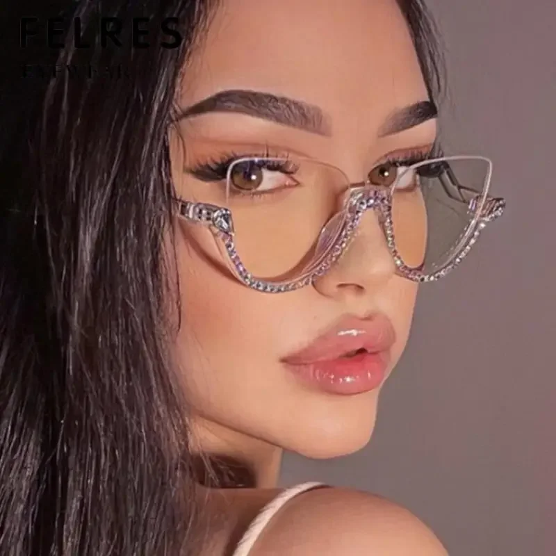 Personality Rhinestone Oval Reading Glasses Ladies Fashion Computer Filter Blue Light Blocking Glasses Half Frame Eyeglasses