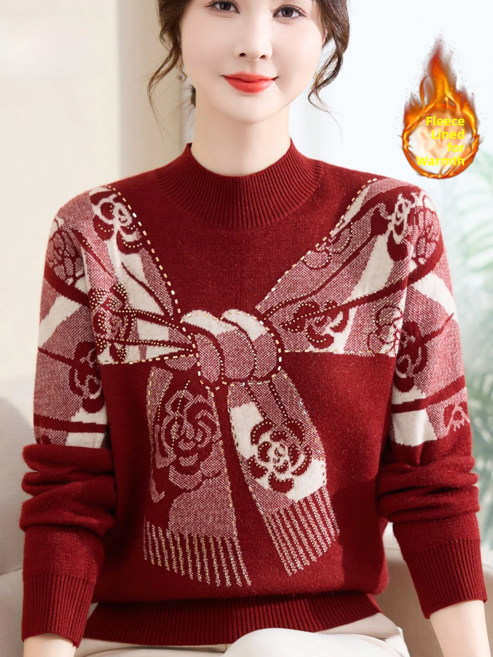 

Вязаный свитер Thiened Fce с высоким принтом и стразами для мамы, повседневный теплый модный базовый свитер для среднего возраста...