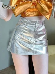 WOWOOTD 2023 New Zipper Fly Pockets A-Line Skirt Women Pink Preppy Style Y2K High Waist Mini Hot Girl Silver Party Bottom