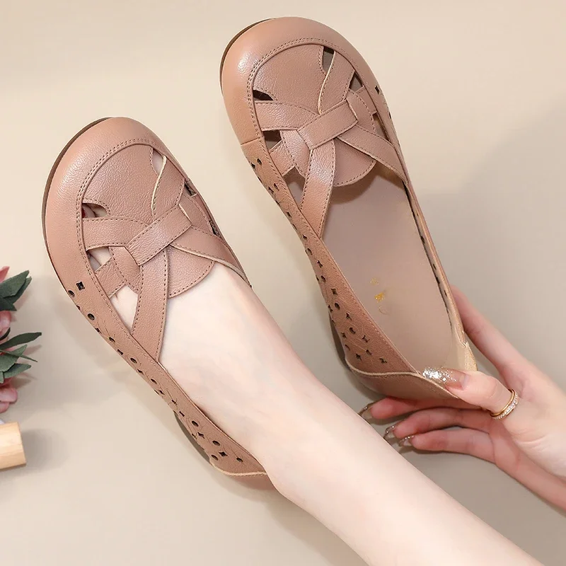 genuine leather women's shallow soft leather women's summer round head literary vintage openwork leather sandals