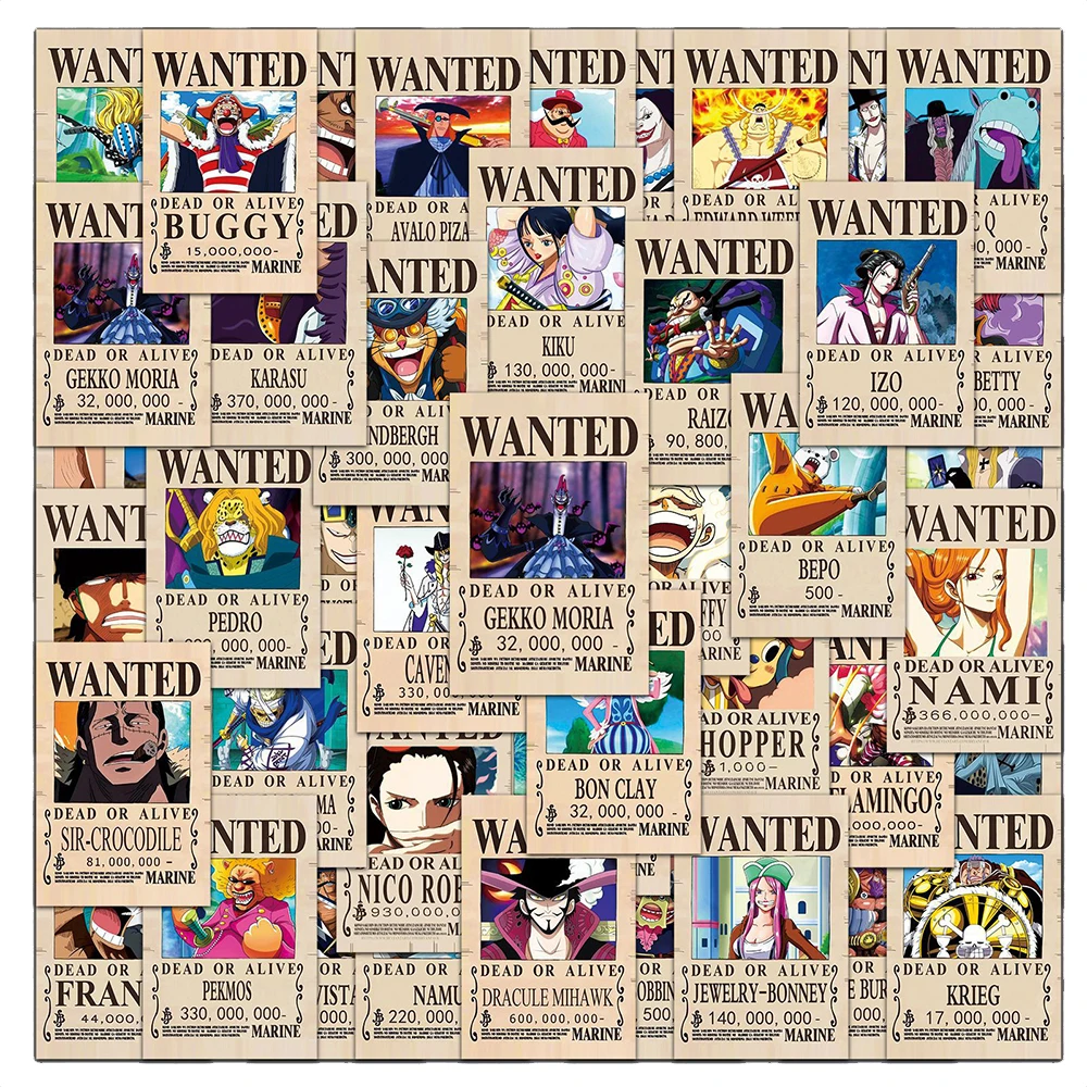 10/30/50/100 Uds. Pegatinas Clásicas de Anime One Piece con Diseño de Cartel de Busca Se Busca, Calcomanías Decorativas de Luffy para Laptop, Teléfono, Casco, Maleta
