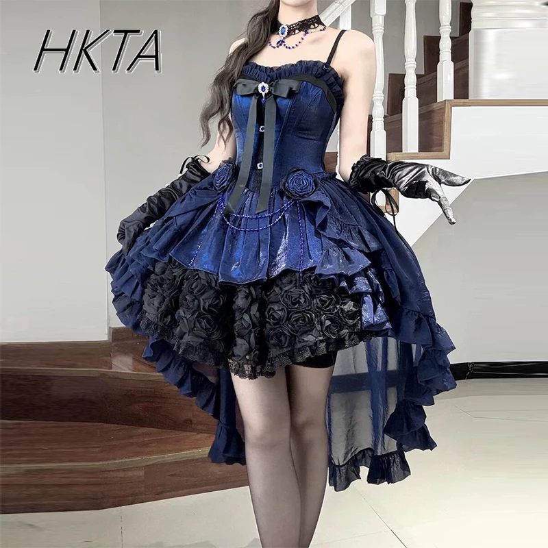 Lolita Slim High Waist Black Blue Suspender Dress Fluffy Dress Women  Elegant Pleated Bow Birthday Party Princess Dresses Female - AliExpress  200000345